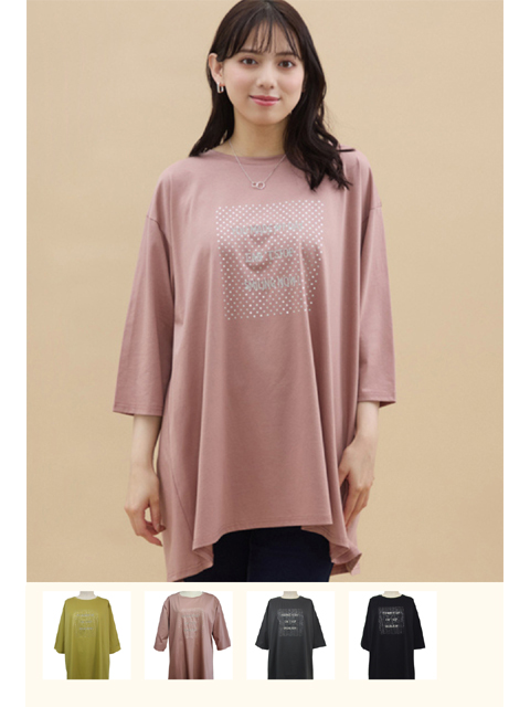 dta0080：7分袖シルケット箔×刺繍ロングTシャツ【ALDILA】