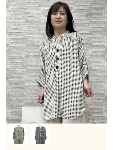 dtb0555：袖タック千鳥柄ブラウスチュニック【ALDILA】
