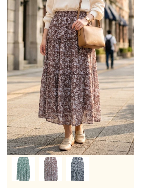 dbb0490：ボタニカル柄ティアードフレアスカート【早得+712ポイント】【QUINTY】