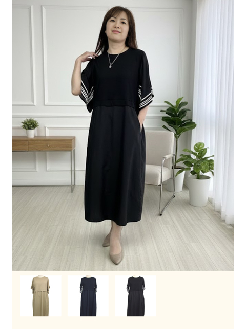 dtb0365：スクエアスリーブ異素材切替ワンピース【早得+855ポイント】【SEPIA】