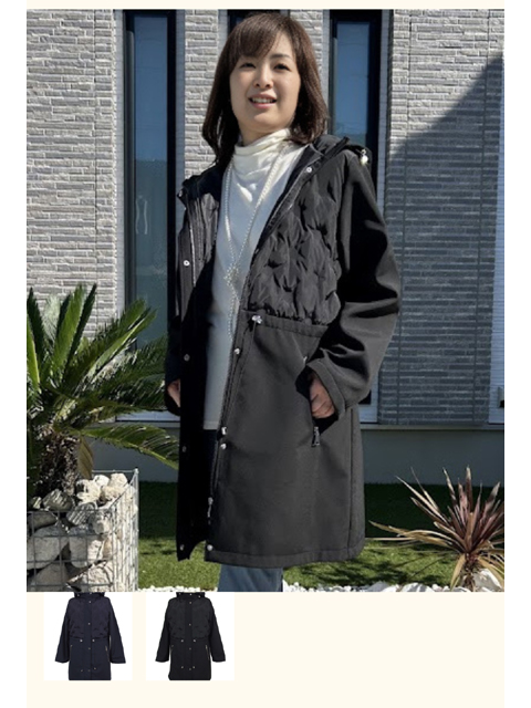 dja0850：フード付き中綿シームレス異素材切替コート【早得+1710