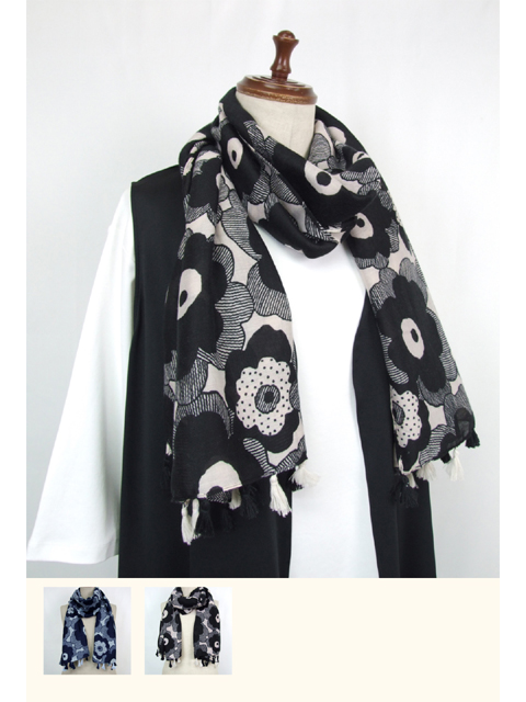 dga0665：タッセル付フラワープリントストール【QUINTY】