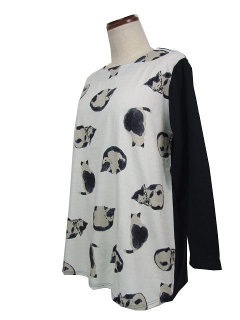 dta0465：天竺カット切替え和柄ドビー猫チュニック【ORIGAMI TOKYO
