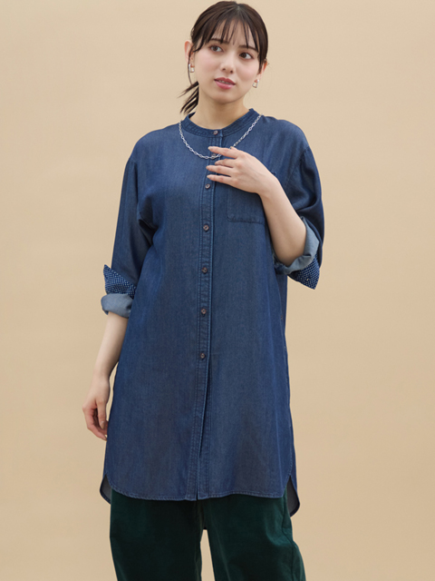 イタリヤ　ラインストーン付きロングシャツ dta0405：ドット柄切替ロングシャツ【早得+902ポイント