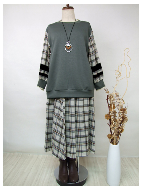 cby0445：ウエストゴム使いコード入チェック柄フレアスカート