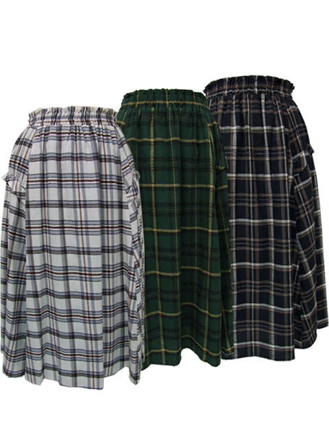 フレアスカート cby0445：ウエストゴム使いコード入チェック柄フレアスカート